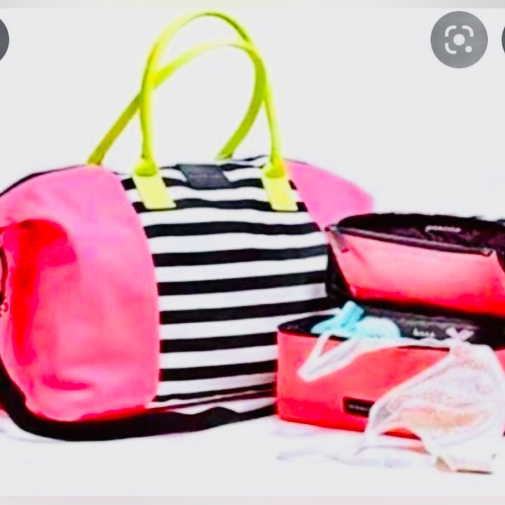 Victoria Secret Stripped Tote Luggage Duffle Beach Bag & Lingerie Case 2Pc Set